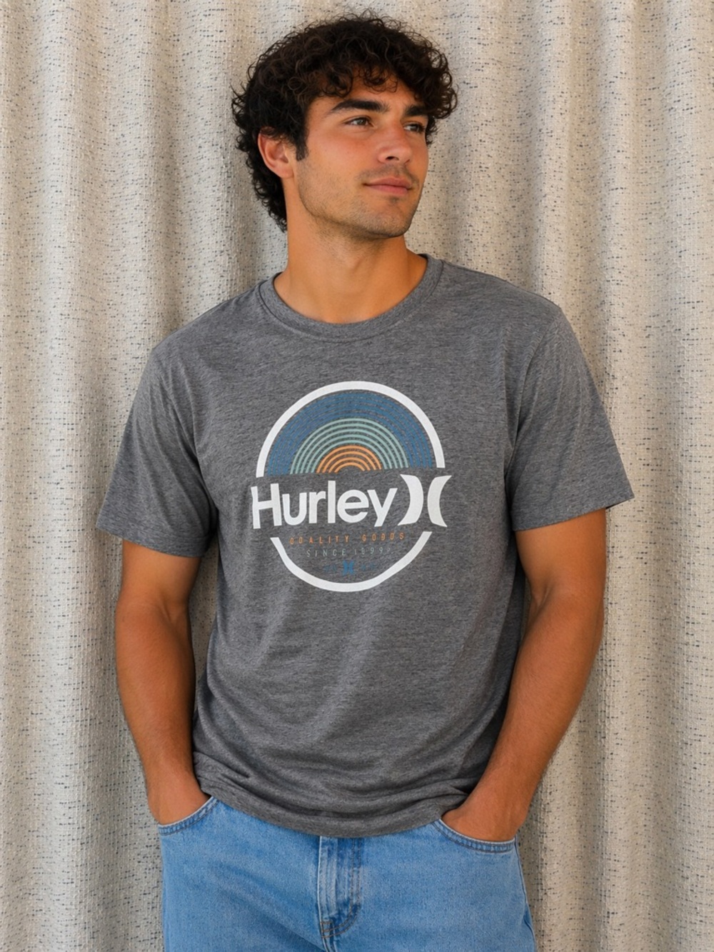 Hurley Gray Heather Logo Tee with Blue and Orange Accent NWT